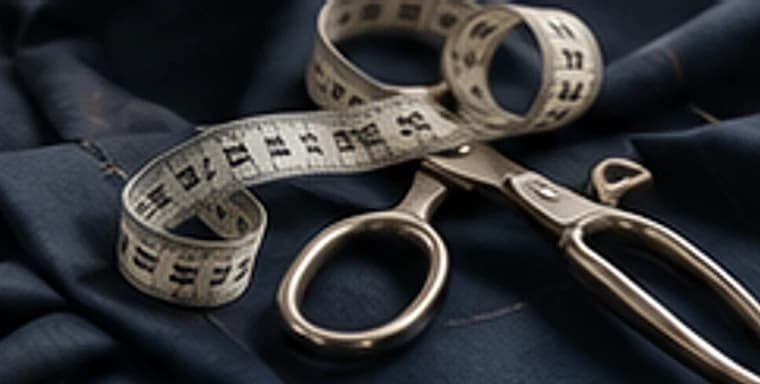 Tape measure and tailoring shears resting on navy suit fabric
